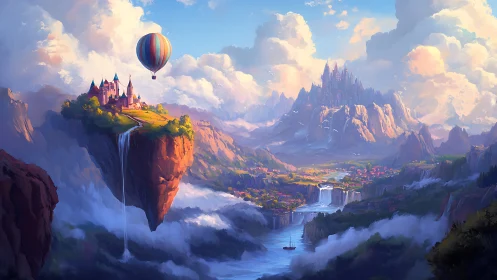 Floating cliff castle overlooks river valley and distant citadel