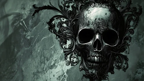 Baroque shadows curl into a gothic skull of swirling ink