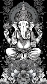 Ornate Ganesha sits in monochrome blooms and quiet radiance