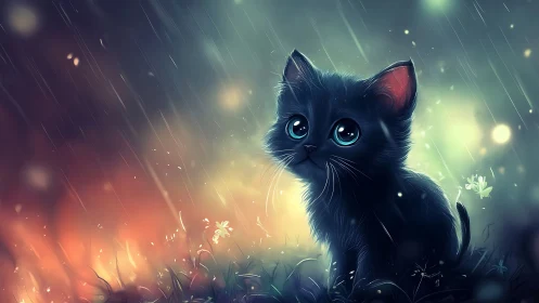 Black Kitten with Luminous Eyes in Rainy Garden Setting.