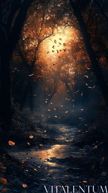 Autumnal Forest Passage: Golden Luminescence Through Wooded Tunnel.