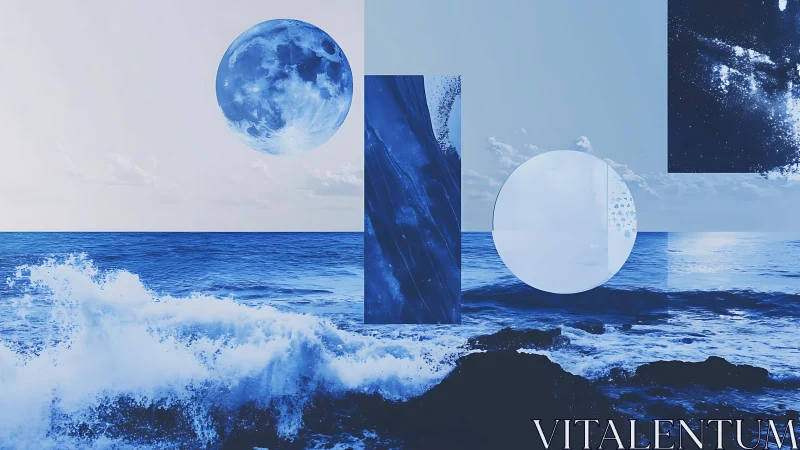 Dreamy blue seascape with moonlit shapes and gentle waves.