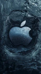 Hydrophobic metallic apple emblem in turbulent water vortex.
