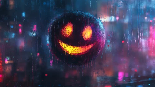 Neon smiley face glows through rain‑streaked glass in cyberpunk city
