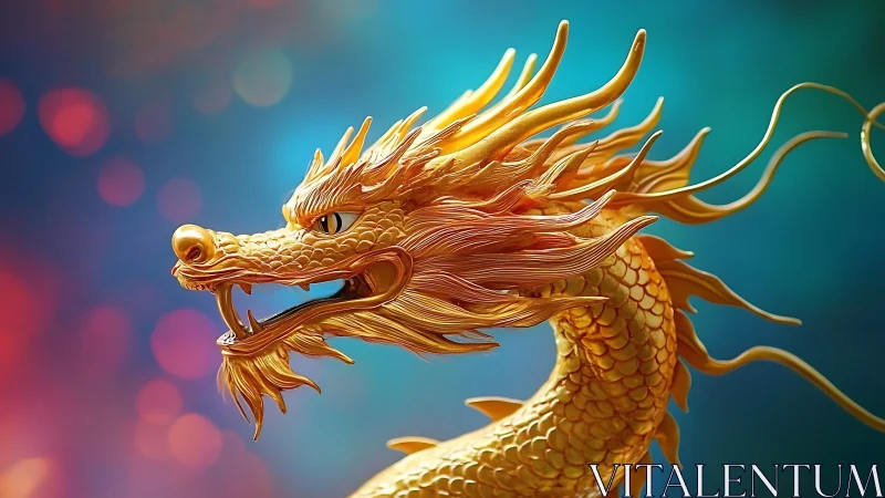 Golden dragon sculpture coils in luminous bokeh glow