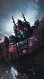 Armored bipedal mech stands in three-quarter frontal view