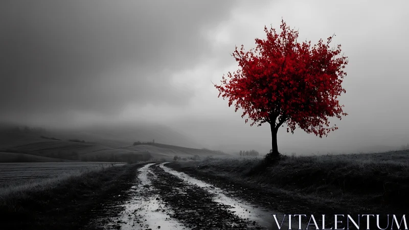 Lone red tree glowing softly beside a quiet country road.