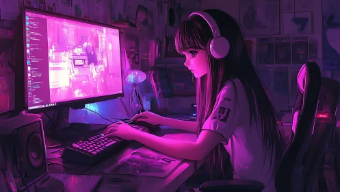 Neon-lit anime gamer at workstation renders immersive cyber ambience