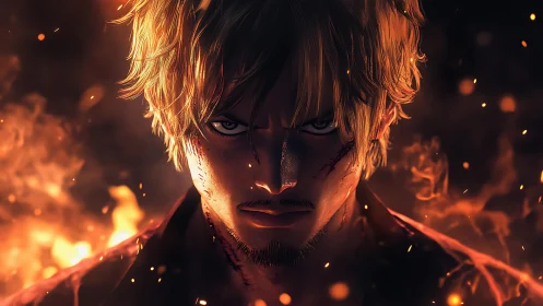 Fiery blonde warrior emerging from darkness and embers.