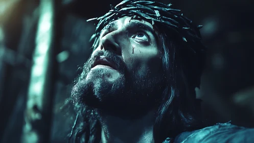 Sacred gaze lifted upward in a quiet moment of sorrow.