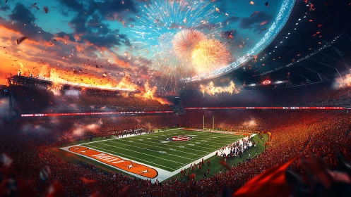 Panoramic football stadium under fireworks in vivid digital rendering