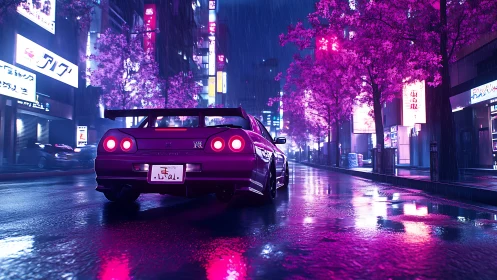 Neon night drive with a sleek car under glowing cherry trees.
