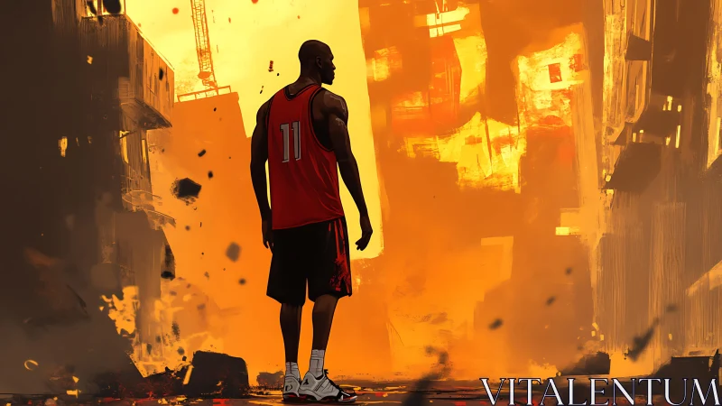 Basketball figure in infernal urban canyon, dynamic backlighting.