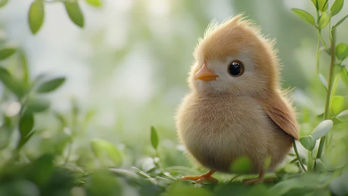 Fluffy Cream Chick in Green Garden Setting.