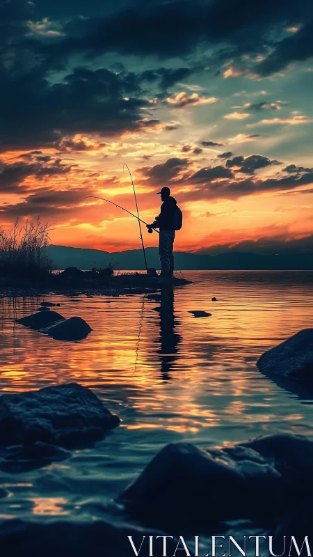 Peaceful angler enjoying a glowing lakeside sunset moment.