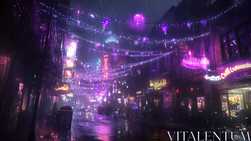 Neon soaked alleyway glows under rain and hanging lights