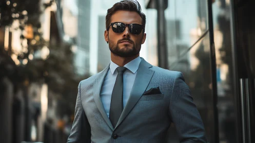 Man in tailored suit stands in urban business district street