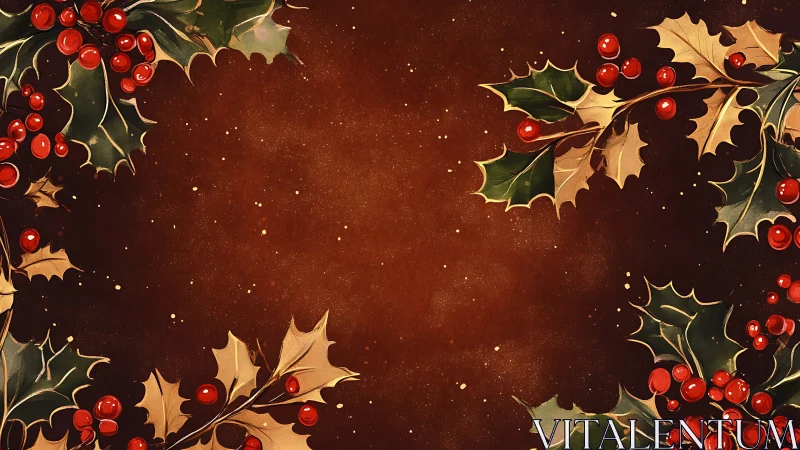 Holly branches with red berries frame a textured brown background