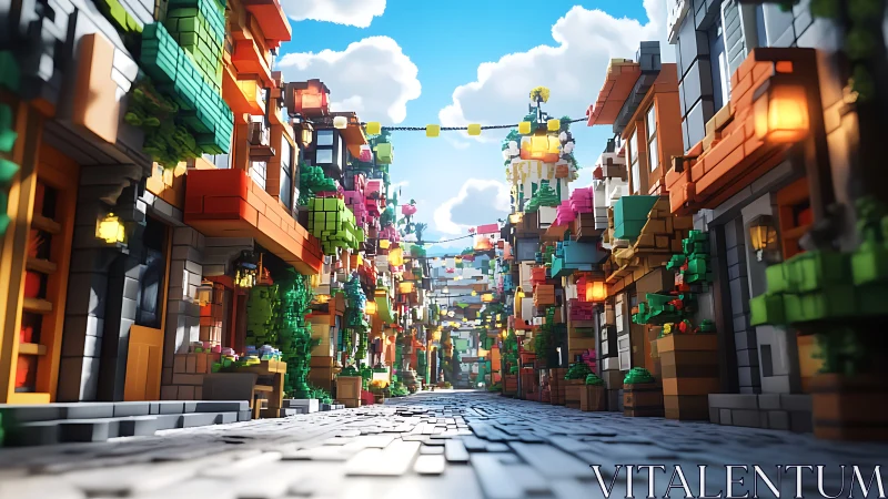 Voxel-rendered festive street with depth-of-field and GI lighting