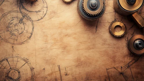 Mechanical gears on aged drafting board with radial schematics