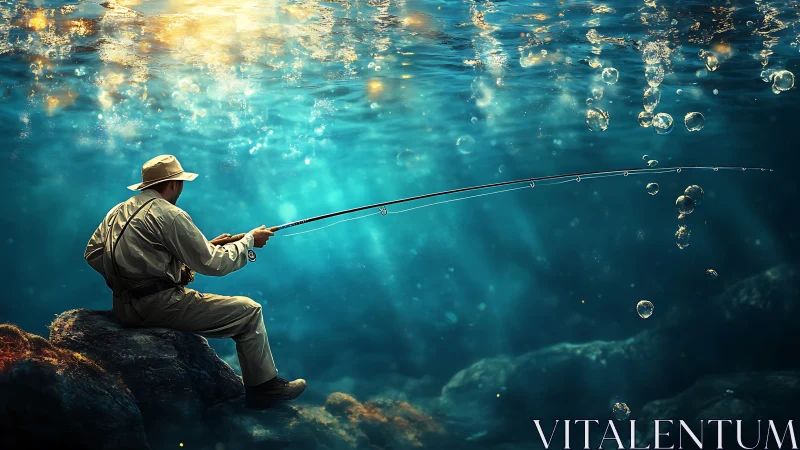 Underwater fisherman framed by glowing sunlit surface