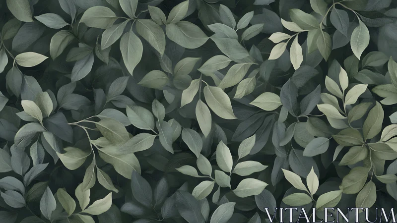 Muted botanical foliage pattern with layered green leaves.