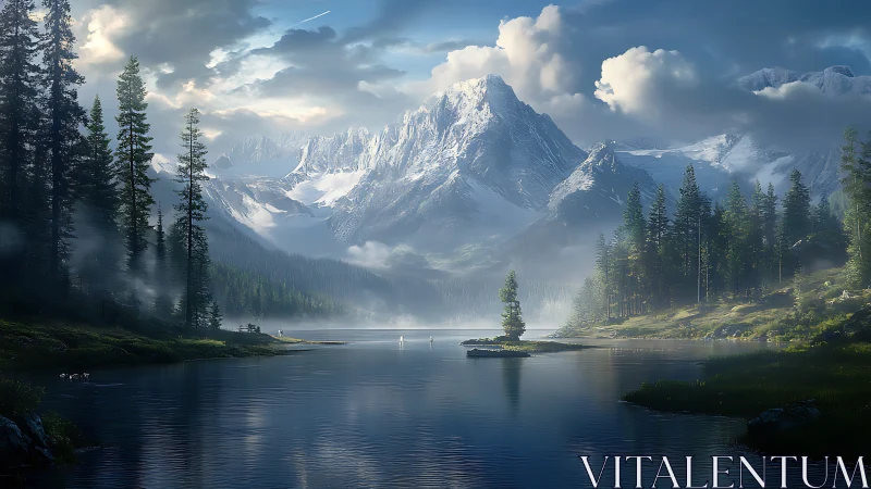 Snow-covered mountain range reflects across calm forest lake