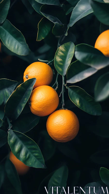 Sunlit oranges glowing like lanterns in deep green leaves.