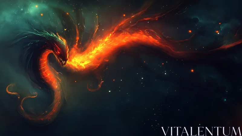 Cosmic fire serpent exhaling plasma stream in starfield void