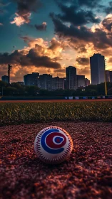 Baseball rests on infield dirt before sunset city skyline