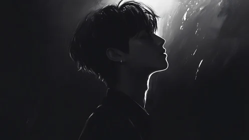 Side profile of young man in monochrome lighting.