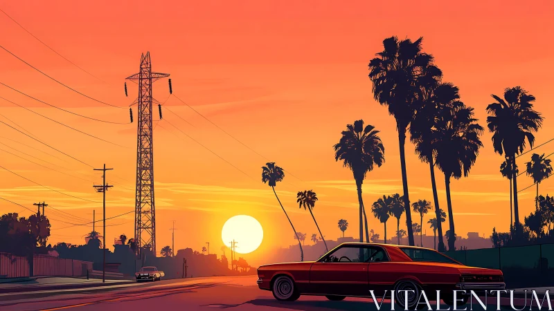 Sunset boulevard with classic car and tall palm trees.