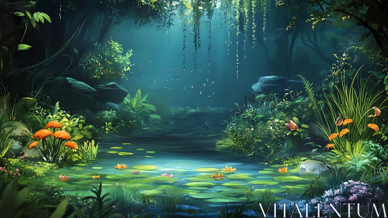Bioluminescent forest pond with lilies under volumetric light