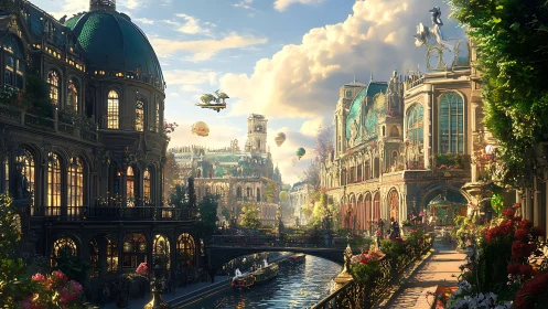 Ornate steampunk canal city with airships under warm volumetric light