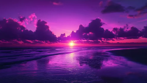 Vivid magenta ocean sunset casts reflections across shore