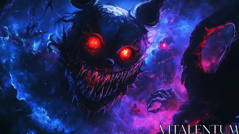 Grotesque red eyed monsters in glowing blue void.