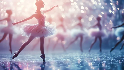 Ballet dancers on reflective stage with soft defocused lights.