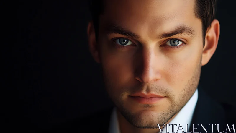 Cinematic low‑key portrait of blue‑eyed man in suit.