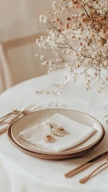 Minimalist wedding table setting with soft neutral florals.