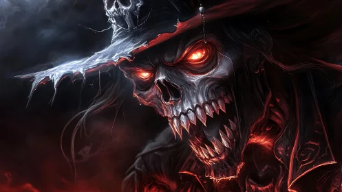 Flaming demon skull cowboy with glowing eyes and fanged grin.