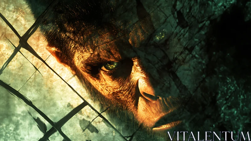 Primal gaze ignites through shattered jungle glass.