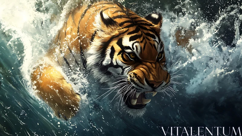 Tiger in dynamic forward motion through turbulent water.