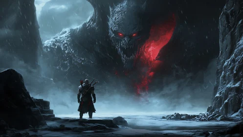 Armored warrior faces colossal demonic ice cavern entity.