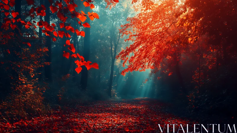 Crimson forest awakens in autumn's glowing embrace.