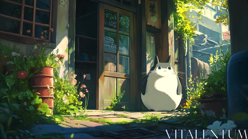 Round creature outside sunlit shop in overgrown alleyway.