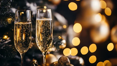 Sparkling champagne flutes glow amid golden holiday lights
