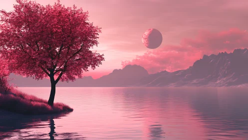 Pink alien shoreline glows beneath a distant crescent moon.