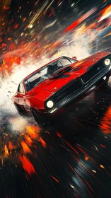 Red muscle car drifting through cinematic firestorm streets.