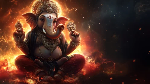 Flame crowned Ganesha smiles amid cosmic embers and calm