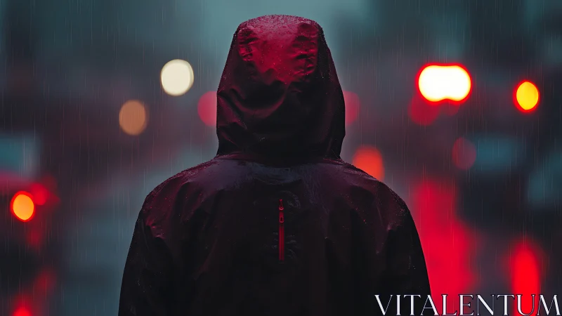Solitary hooded figure in neon rainlit city street at dusk.